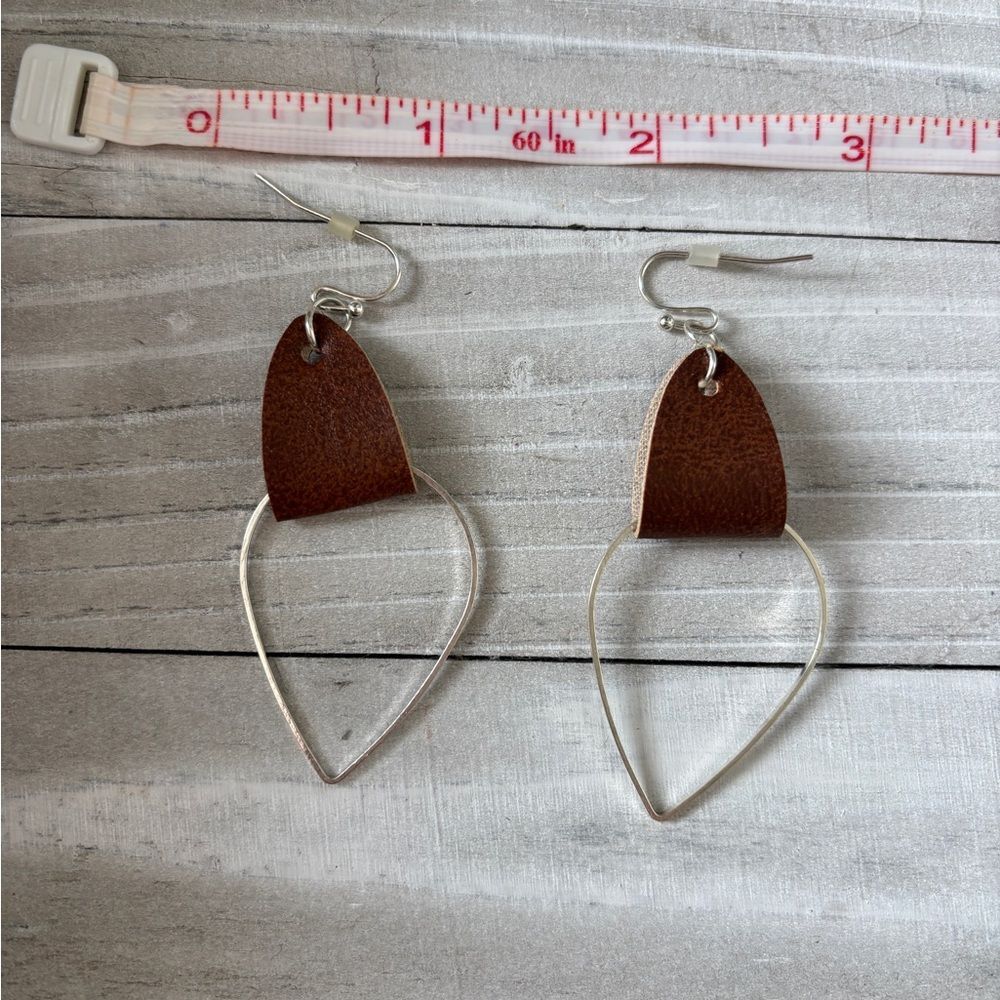 Brown Leather Teardrop Hoop Drop Earrings Silver Tone